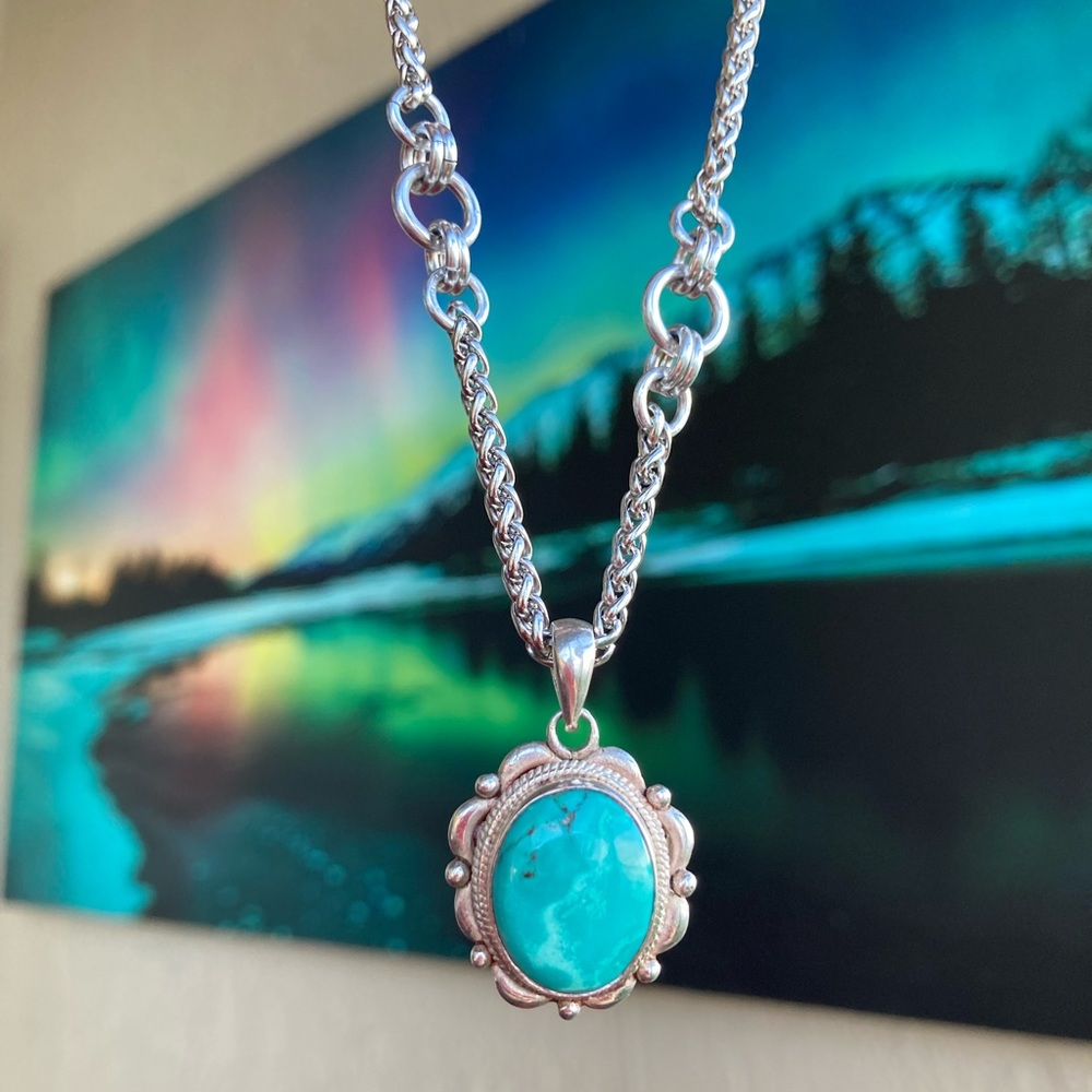 925 sterling silver turquoise charm on stainless steel chain necklace boho stone - Picture 2 of 15